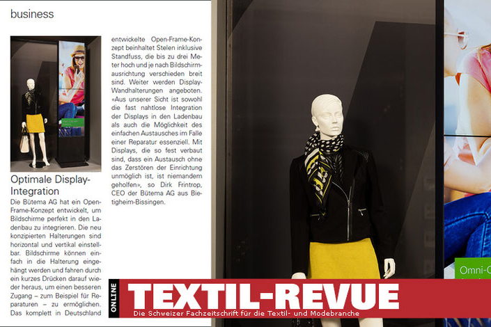 LCD Display Säule für Pressemeldung im Magazin Textil-Revue