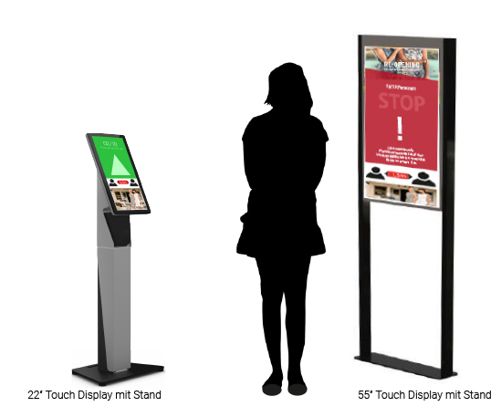 Kundenampel: 2 Touch-Displays in 22" und 55" im Größenvergleich mit einer menschlichen Silhouette