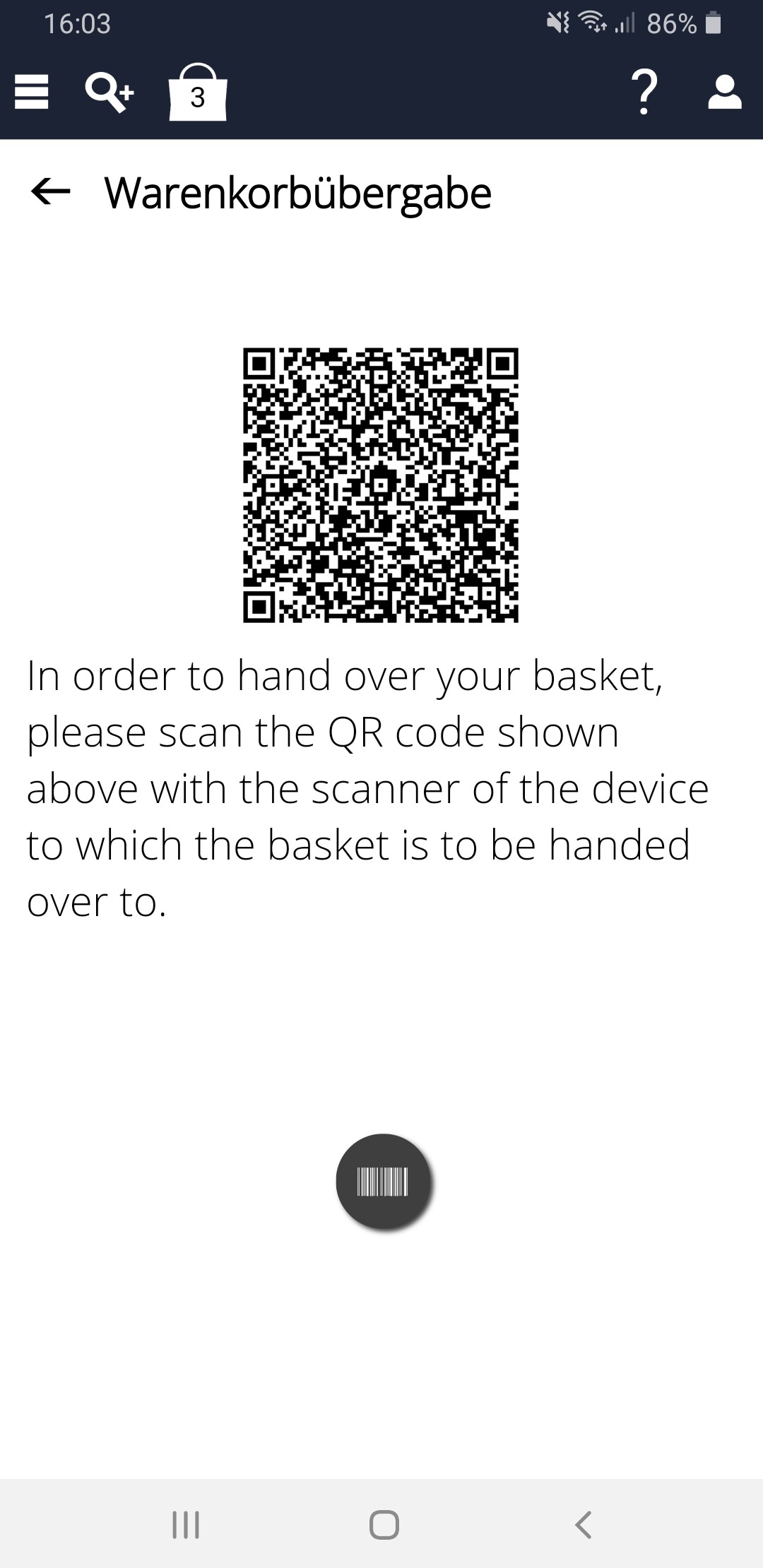 Screenshot des InstoreAssistants mit QR Code zur Warenkorbübergabe
